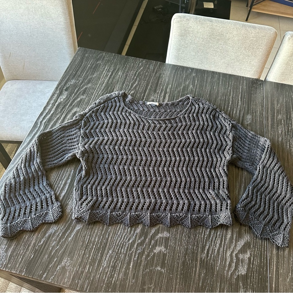 American Eagle Bell Sleeve Open Knit Ballet Neck Black Crochet Sweater, XL - Picture 4 of 10